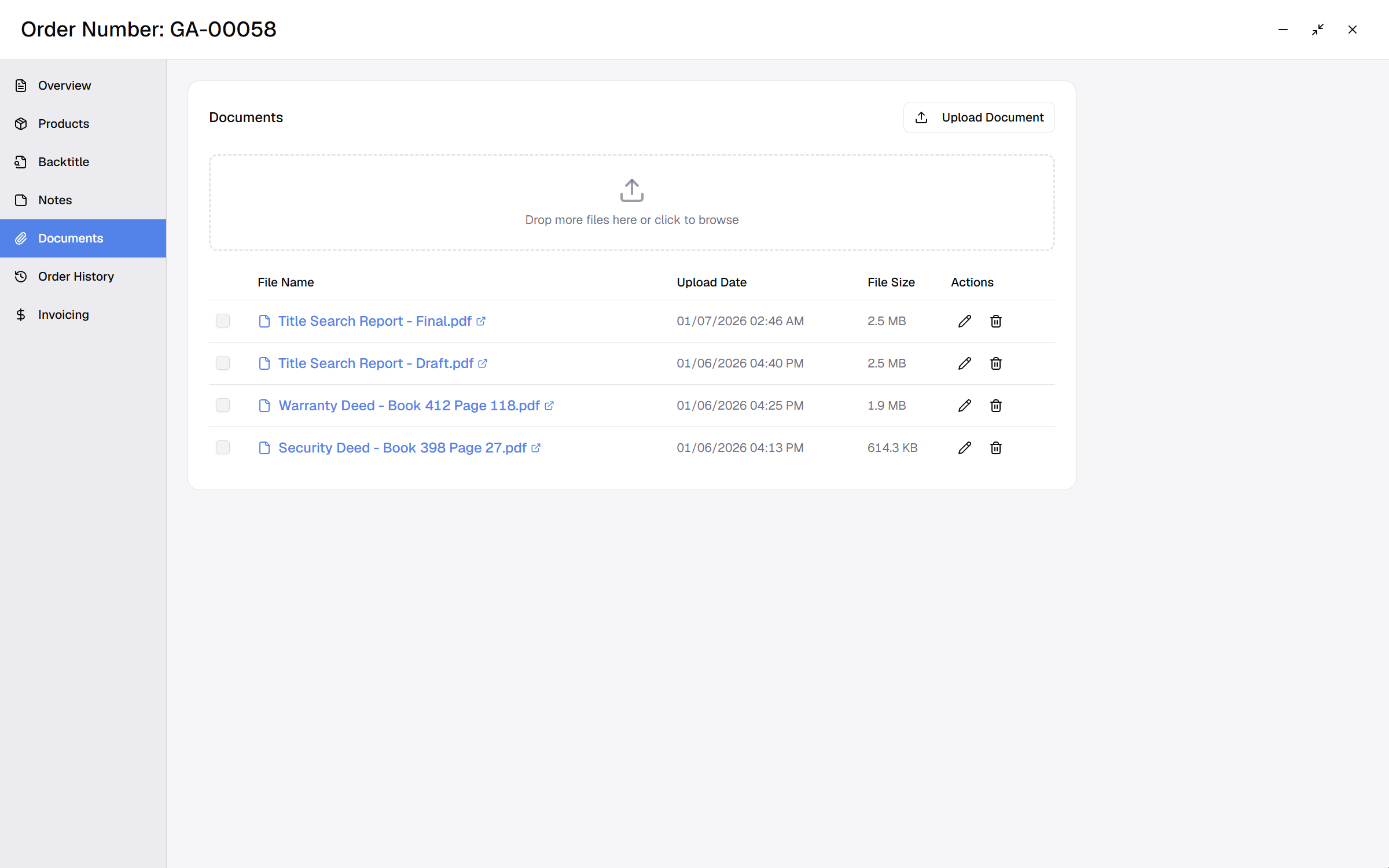 Documents tab on an order listing the title search report, a warranty deed and a security deed