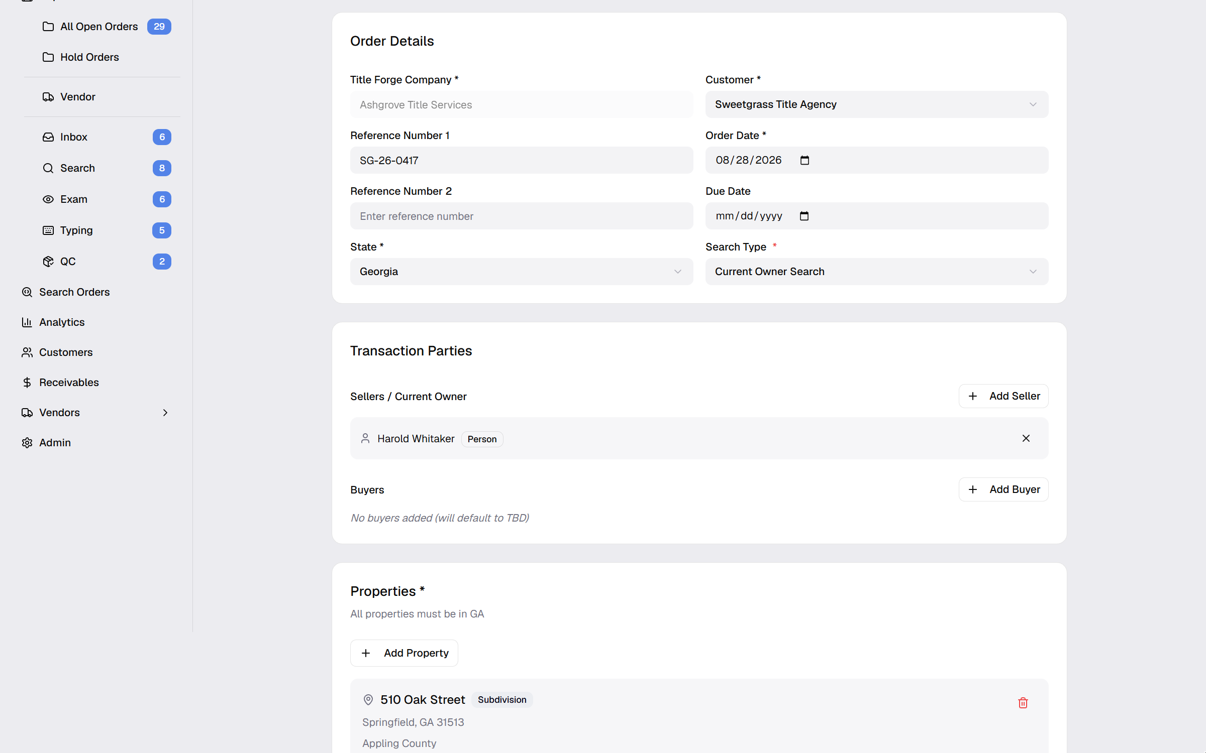 Title Forge new order form with customer, product, seller and property with county filled in