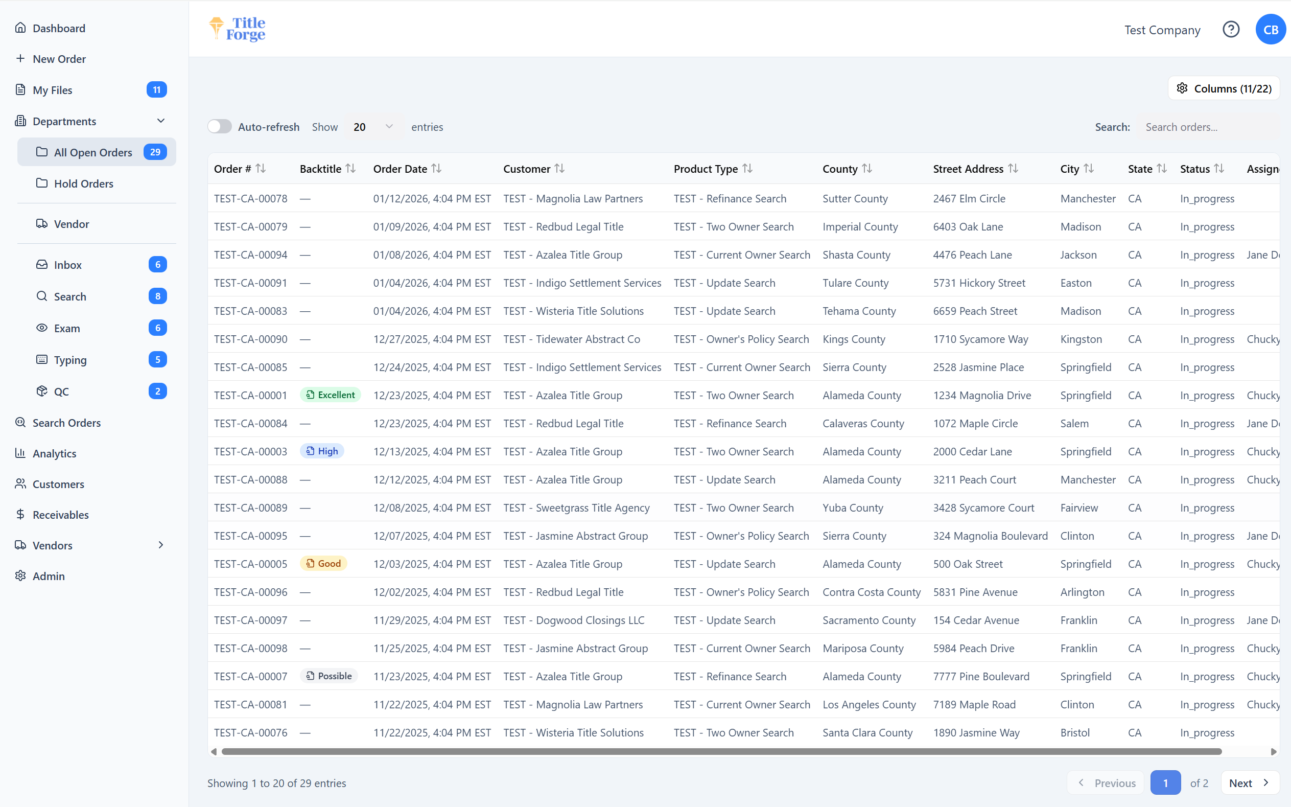 Title Forge orders table with status, assignee, county and backtitle match columns
