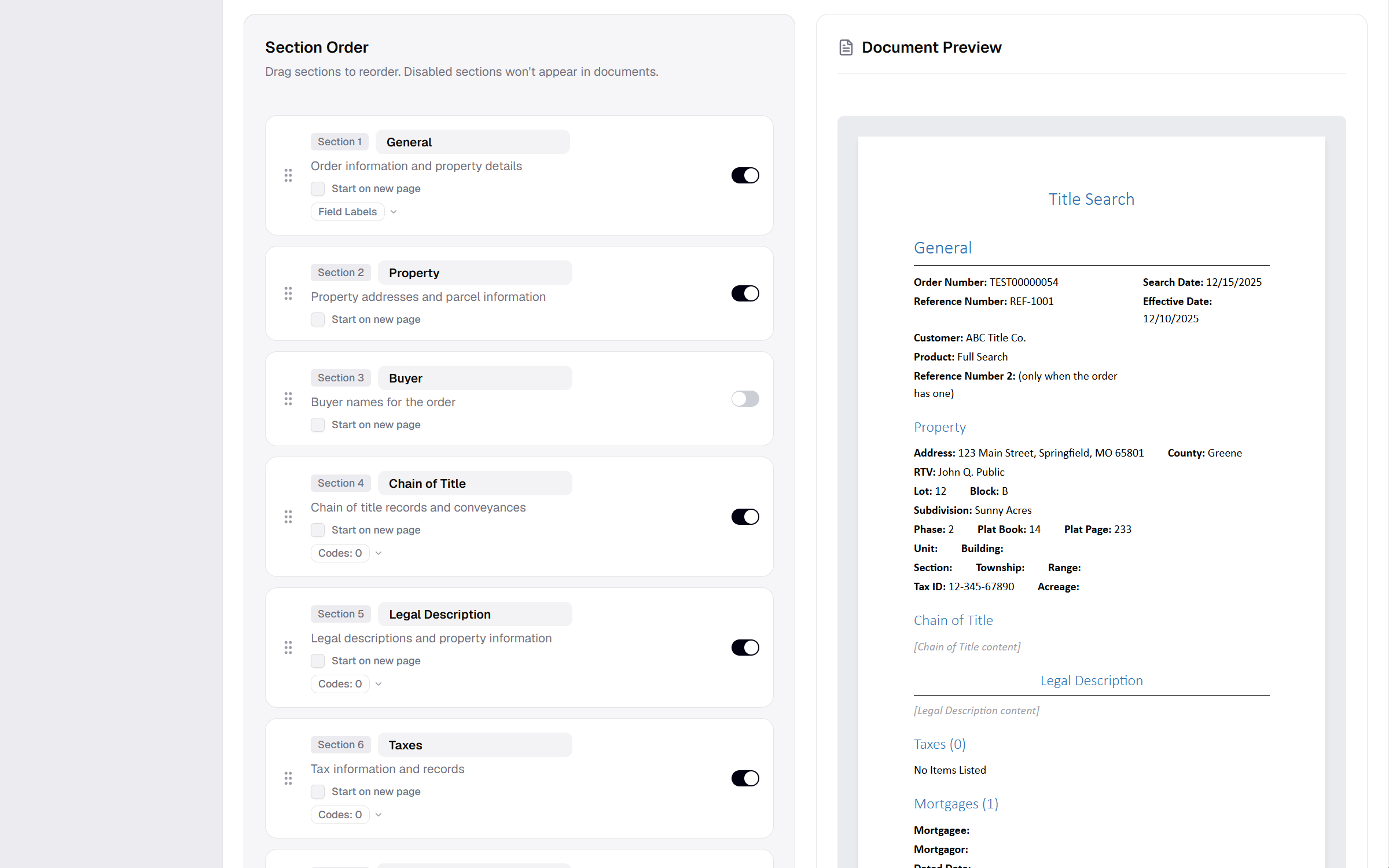 Product template editor showing the section list with one section disabled and a live document preview